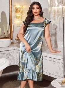 MuseNap CURVE 大码优雅花卉印花荷叶边下摆睡袍 - 彩色 - 查看 3