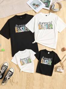 Young Boy Black Easter Letter Graphic Round Neck Short Sleeve T-Shirt, For Gifts - Black - View 1