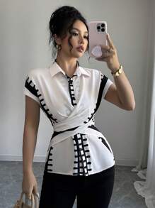 SHEIN Unity Women's Retro Lapel Tie-Waist Casual Patterned Short Sleeve Blouse, Summer - Apricot - View 1