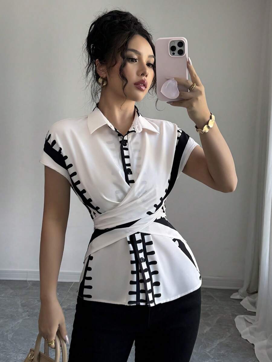 SHEIN Unity Women's Retro Lapel Tie-Waist Casual Patterned Short Sleeve Blouse, Summer - Apricot - View 1