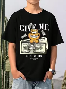 SHEIN Sparklyn Áo thun Tween Boy giản dị và sành điệu có in hình mèo và tiền - màu đen - Xem 3
