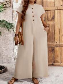 EMERY ROSE Women Plus Size Solid Color Button Half Placket Short Sleeve Pocket Jumpsuit