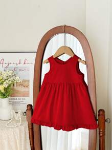 SHEIN LMoss Kids 女婴可爱优雅红色蝴蝶结装饰夏季连衣裙 - 紅色 - 查看 2