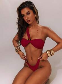 SHEIN BAE Women's Red One Shoulder Knitted Bikini Top With Twist Detail And Micro Crop Length - Red - View 3