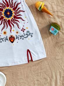 Soleia Vacation Women's Colorful Letter & Floral Print Contrast Collar Open Slit Mini Dress,Rave Outfits Festival - White - View 6