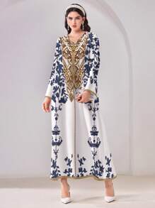 Al Najma Casual Minimalist Allover Print Modest Arabic Style Dress - White - View 3