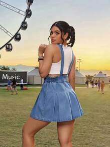 SHEIN PETITE Vestido peto vaquero para mujer, vestido mini ajustado informal de tirantes, azul