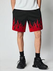 ROMWE MEN Street Life Men's Flame Printed Front Tie Pocket Casual Shorts