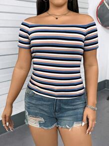 SHEIN Essnce Plus-Size Women's Date Tops, Rainbow Striped T-Shirts, Off-The-Shoulder Tops, Cute Summer Dresses,Summer Women Dresses Casual Summer Dress Summer Tops,Teacher Clothes Teacher T Shirt Fall Women Clothes - Blue - View 4