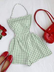 Comfortcana 女士夏季休闲格子露背吊带连体衣