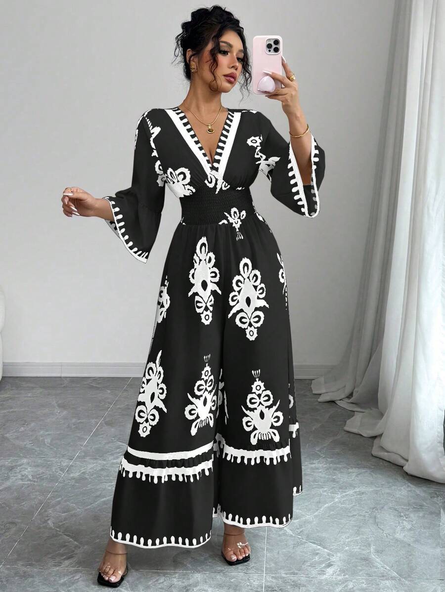 Elenzga Women's Floral Print Bell Sleeve Wide Leg Jumpsuit, Vacation Outfit - Black - View 1