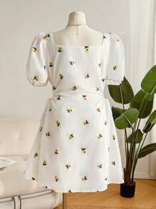 SHEIN Frenchy Plus Size Women's Yellow Embroidered Princess Sleeve Short A-Line Dress, Suitable For Valentine's Day - White - View 2