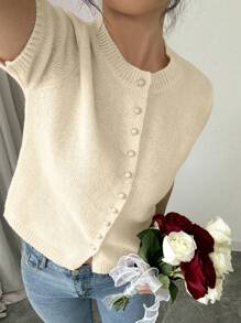 Chiquease New Casual Loose Pink Minimalist Button Knit Sweater Top, Women Short Sleeve Pullover, Autumn/Winter - Apricot - View 8