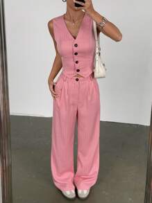 SHEIN Unity Sleeveless Striped Vest And Trousers Suit, Minimalist Fashion Design Suitable For Summer - Pink - View 1