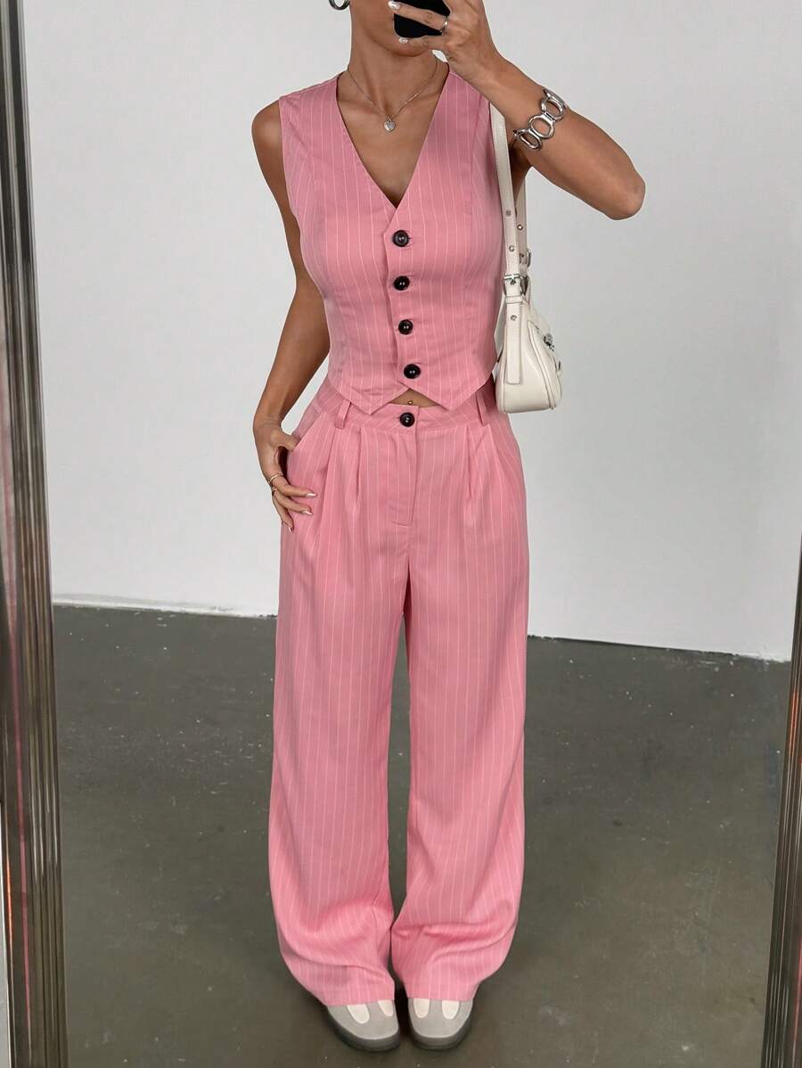 SHEIN Unity Sleeveless Striped Vest And Trousers Suit, Minimalist Fashion Design Suitable For Summer - Pink - View 1
