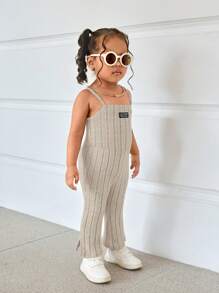 SHEIN Leap Crew Babygirl Cute Knitted Khaki Letter Print Camisole Jumpsuit Flare Pants, Spring & Summer - Khaki - View 4