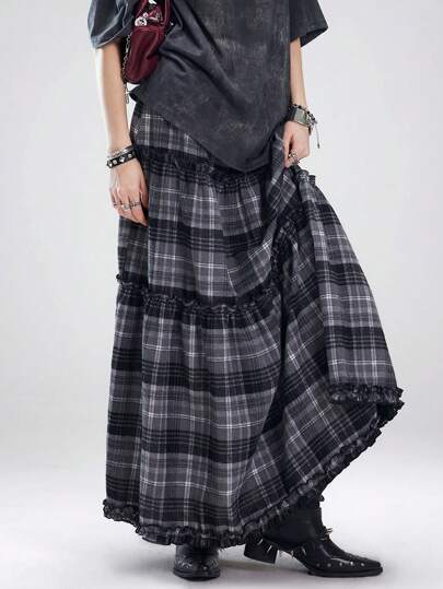 Coolane Women's Spring/Summer Date Night Vintage Preppy Ruffle Plaid Skirt