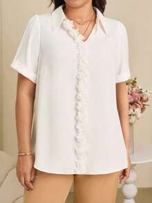 EMERY ROSE Plus Size Short Sleeve Plain Shirt, Minimalist & Fashionable, Suitable For Summer, Vacation Woman , Boho - White - View 4