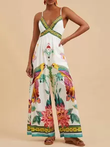 Travachic Woven Floral Print Sleeveless Loose Leg Jumpsuit For Women,Spring&Summer,Summer Outfits For Women,Beach Outfits For Woman,Western Wear Women,Spring Break,Concert Outfit Women,Boho,Rave Outfits,Tropical Vacation, Festival,Romantic Tropical Dresses For Women,Tropical Outfit