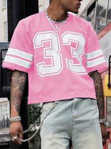 Manfinity Dauomo Men's Summer Casual Contrast Color Striped Numerical Print T-Shirt, 2000s Style - Pink - View 3