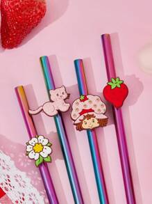 Strawberry Shortcake X SHEIN 4 sets de pajitas lindas, que incluyen pajitas de acero inoxidable y cepillos de limpieza