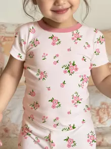 SHEIN Baby Girl Ditsy Floral Casual Slim Fit Round Neck Comfortable Short Sleeve Top And Long Pants Pajamas Set, Suitable For Spring & Summer - Multicolor - View 4