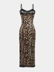 SHEIN LUNE Vestido midi sexy para mujer con estampado de leopardo y encaje
