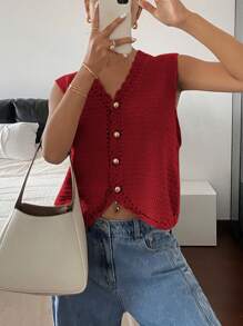 SHEIN Frenchy Chaleco de punto con botones al frente de unicolor simple para mujer