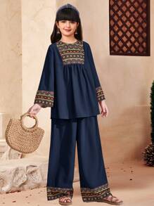 Koszulka z nadrukiem w stylu Tween Girl Woven Solid Patchwork z nadrukiem w kształcie dzwonka z nadrukiem w pozycjonującym stylu Luźne szerokie spodnie z szerokimi nogawkami Zestaw 2 częściowy, styl wiejski, swobodne wakacje, podróże, boho, retro wakacje