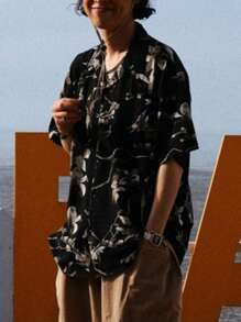 DAZY Men's Floral Pattern Printed Black Summer Beach Shirt - Multicolor - View 4