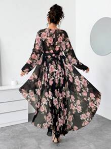 Elenzga 2-częściowy zestaw damski w dużych rozmiarach: Top z szyfonu z kwiatowym wzorem, długim rękawem, dekoltem w serek, paskiem i dopasowanymi spodniami do kostek