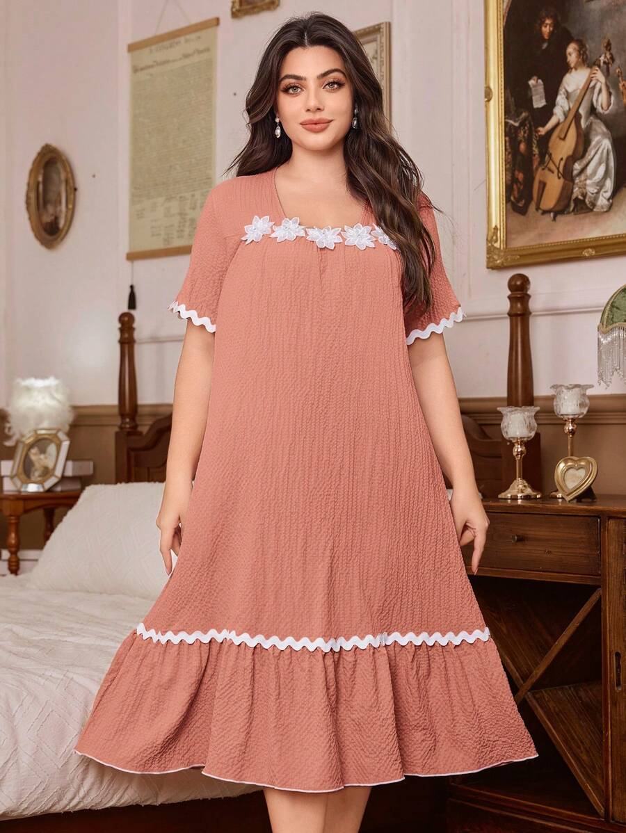 SHEIN Váy ngủ tay ngắn họa tiết hoa 3D cỡ lớn cho nữ, vải crepe thoáng khí, viền bèo nhún, thường ngày, váy ngủ Moo Moo - trái cam - Xem 1
