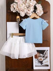 2pcs/Set Baby Girls 2024 Summer New Knitwear Bow Short Sleeve Top + Baby Girls Summer New Fashionable Solid Color Splicing Mesh Tulle Ruffle Skirt - Baby Blue - View 2