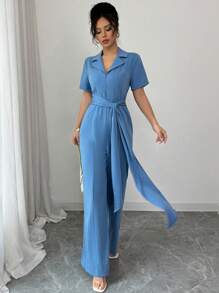 Elenzga Women's Elegant Solid Color Tie Up Design Jumpsuit For Spring/Summer/Fall/Winter Season,Concert Women's Clothing,Elegant,Suitable For Everyday,Commute, - Blue - View 4