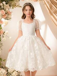 Tween Girl Elegant Luxurious White Puff Sleeve Mesh Lace Trim Midi Dress, Suitable For Evening Party, Valentine's Day, Ball, Birthday, Wedding And Other Occasions - White - View 3