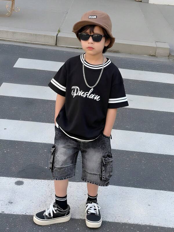 Genkimix Kids Tween Boy' Nieuwe Casual Fashion Gewassen Zwarte Denim Cargo Shorts