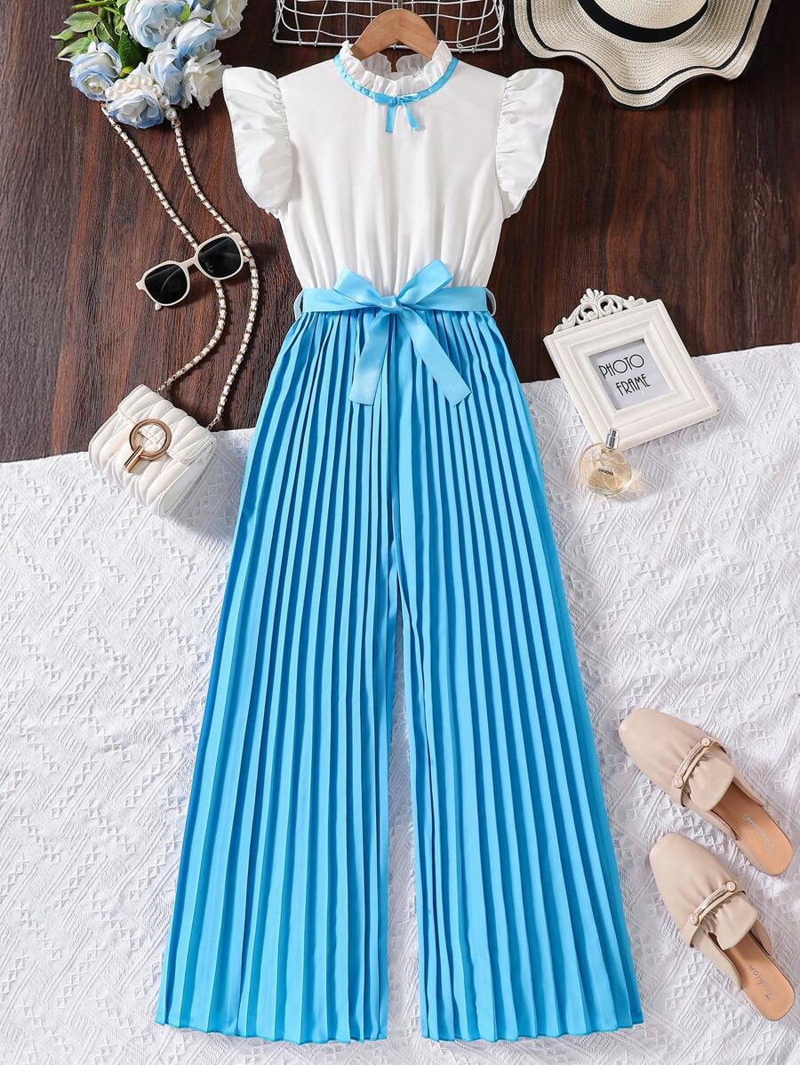 SHEIN Girls Ruffle Trim Cap Sleeve Blouse With Bowknot And Pleated Jumpsuit - Blue - View 1