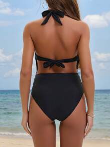 SHEIN 2 件女式性感抹胸短款上衣和金属海星印花连体泳衣套装，春假夏季服装