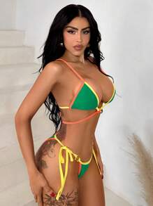 Swim SXY 2pcs/Set New Multicolor Contrast Triange Adjustable Strap With Metal Decor Sexy Elegant Holiday Bikini Set For Beach Pool Party Women For Summer Beach Vacation