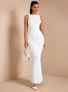 SHEIN BAE Đầm suông hở lưng thanh lịch gợi cảm màu trơn không tay, thích hợp cho tiệc cocktail, hẹn hò lãng mạn, áo lót thu đông, tụ họp, tiệc tùng, đi chơi đêm, đám cưới, Halloween, Giáng sinh - trắng - Xem 5