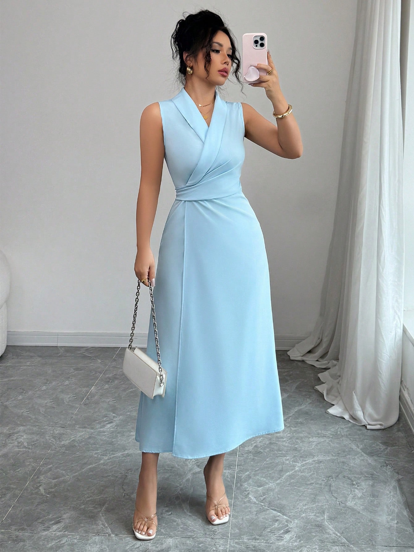 Elenzga فستان نسائي أنيق أحادي اللون بدون أكمام