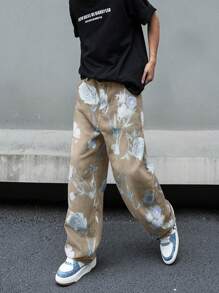 Manfinity EMRG Men's Khaki Denim Floral Print Long Jeans With Zipper Details - Khaki - View 3