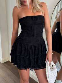 Women Floral Lace Bow Decor Ruffle Hem Tube Dress - Black - View 6