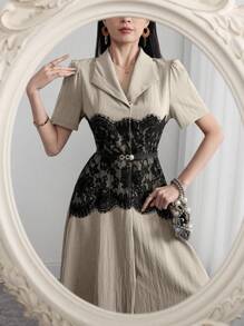 Modelyn 女士蕾丝拼接泡泡袖长款衬衫裙 - 卡其色 - 查看 2