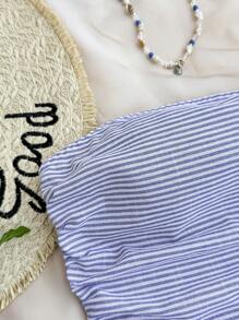 SHEIN Girlism 少女时尚条纹褶饰紧身连衣裙