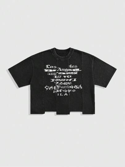 Street Life Men's Grunge Washed Patchwork Asymmetrical Slogan Print T-Shirt, Boxy Fit