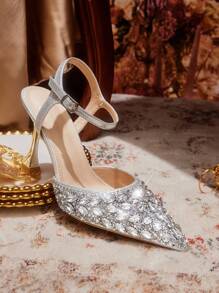 CUCCOO TILAWA 女士银色尖头水晶装饰奢华正式婚礼派对细高跟穆勒鞋 - 銀色 - 查看 4