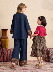 Koszulka z nadrukiem w stylu Tween Girl Woven Solid Patchwork z nadrukiem w kształcie dzwonka z nadrukiem w pozycjonującym stylu Luźne szerokie spodnie z szerokimi nogawkami Zestaw 2 częściowy, styl wiejski, swobodne wakacje, podróże, boho, retro wakacje