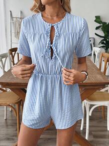 SHEIN PETITE French Style Elegant Striped Woven Loose Fit Round Neck Jumpsuit For Women, New Summer Collection - Blue and White - View 6