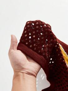 ROMWE MEN Prep Men's Jersey Round Neck Hollow Patterned Knit Sweater - Burgundy - View 6